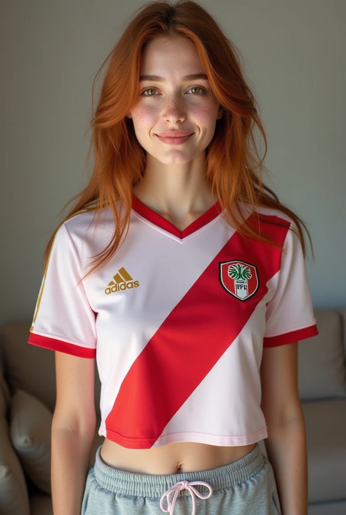 Create me picture of a beautiful woman with red bob haircut wearing a germany football shirt around her shoulder she has laid the germany flag