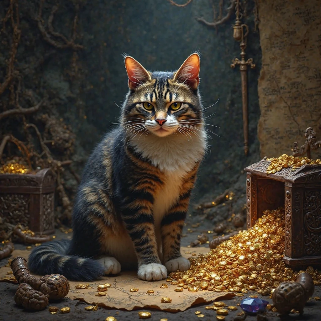 A real striped sphinx cat dressed like a pirate and her treasures