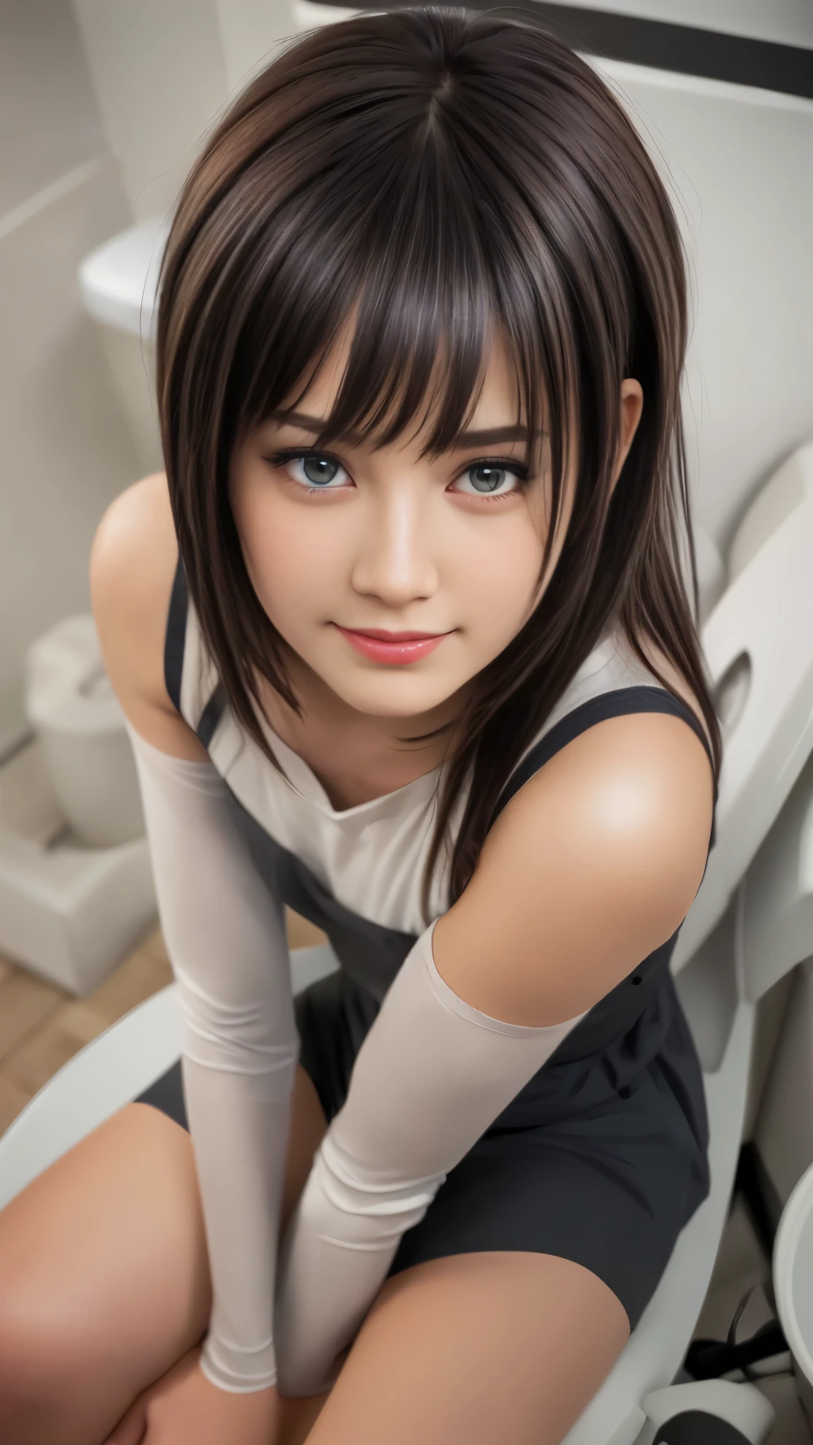 (8K RAWフォト, top quality, masterpiece, 8K-UHD), (realistic, photorealistic: 1.37), (anatomically accurate and realistic skin), super high definition, depth of field, Film Lighting, film grain, very cute girl raising her arms, Japanese, Tip, red eyes sitting on toilet seat, long eyelashes, dark circles under eyes, cute face, Highly detailed eyes and hair,  で透明な白い , happy smile, brown hair, Thick bangs, shiny hair often, curly, Urban, cityscape, (beautiful small face:1.2、Beautiful nose、Attractive Lips)