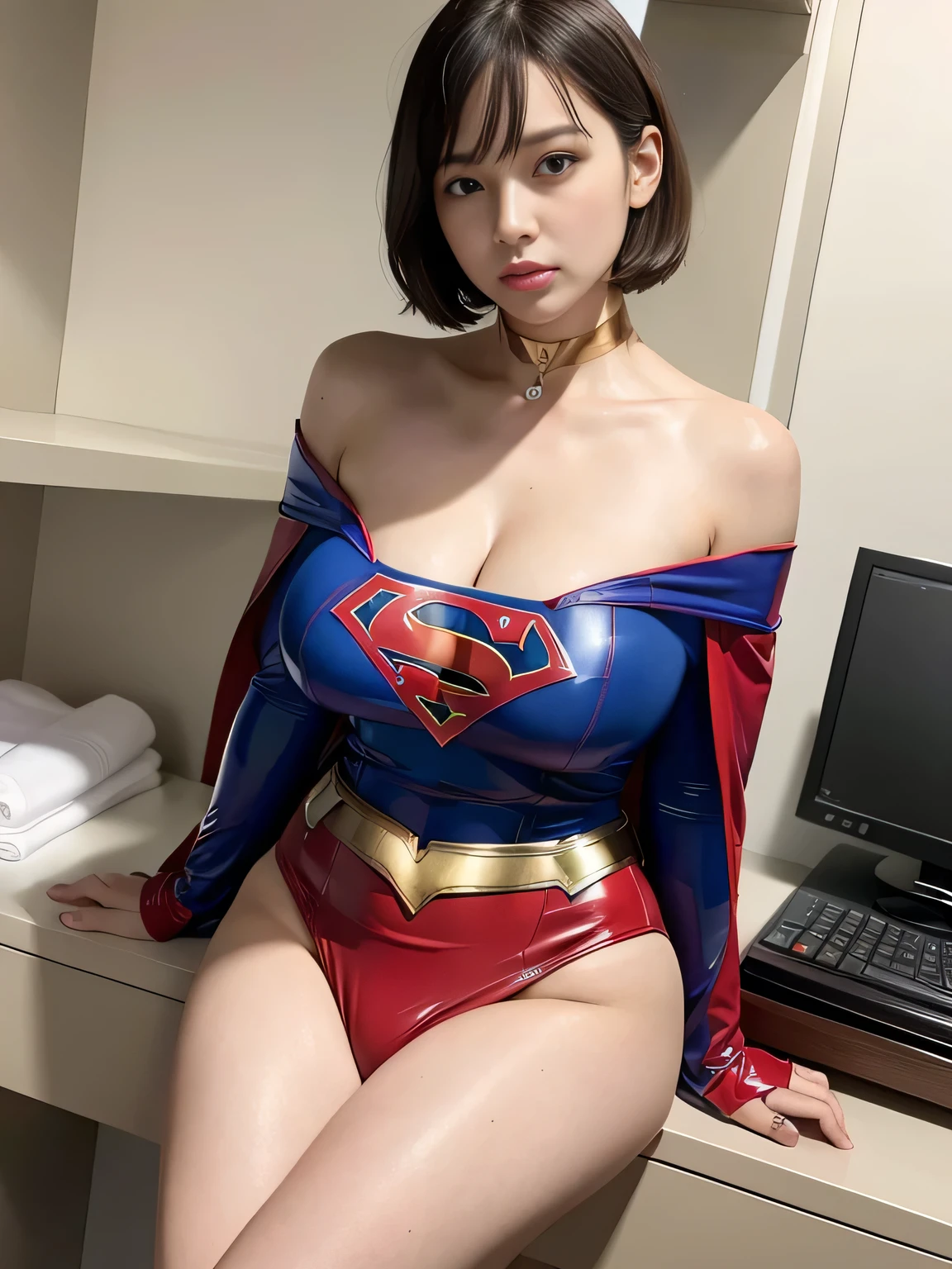 masterpiece、supergirl costume、short hair、barefoot、big and full breasts、Rest rooms、crazy about masturbating in bed、sexy pose、athlete、shiny、looking at camera、Seduce、choker、long sleeve、red mini skirt、Weekly magazine cover、Sculpture Magazines、sweaty、radical、