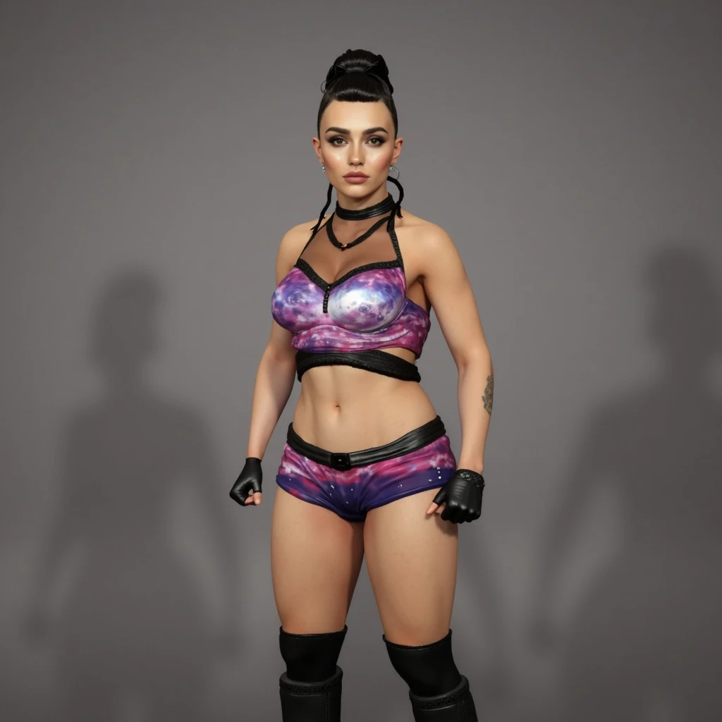 Japanese Woman Wearing Heavy Makeup, en bikini violet et culotte violette posant pour une photo, Fully tattooed body, Beautiful realistic upper body, diesel punk female, tattooed body, Detailed upper body, Muscular ultraviolent woman, Highly detailed upper body, GTA 5 teint, soutien-gorge et shorts streetwear, highly detailed full body, En tant que personnage dans Tekken, highly detailed body, peau de tanny