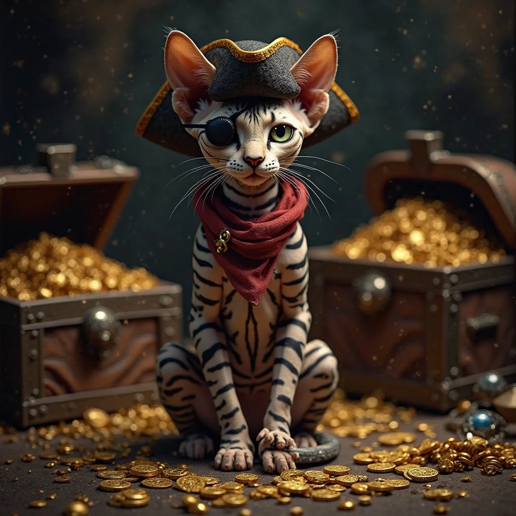 A real striped sphinx cat dressed like a pirate and her treasures