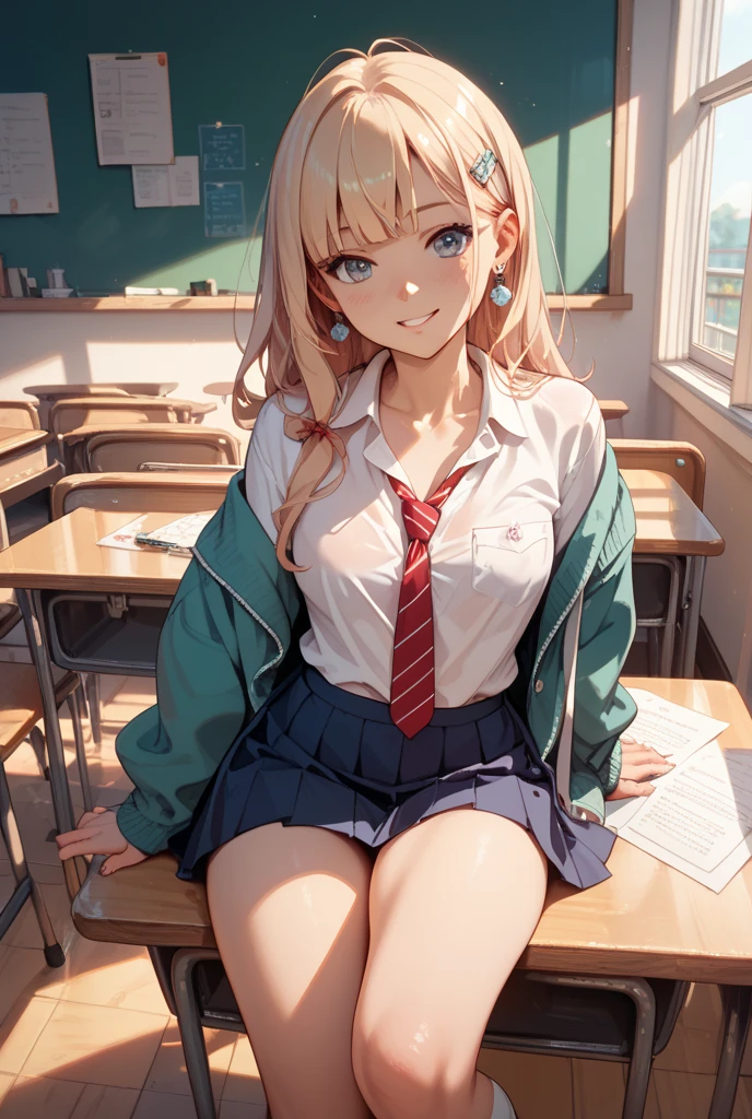 (masterpiece:1.2, best quality), (real picture, intricate details), 1lady, solo, upper body, showing legs, spread legs, legs spread, open legs showing panties, sitting down, school, school settings, long hair, minimal makeup, detailed face, evil smirk, evil expression, mean, really long light platinum blonde hair, bangs, hair between eyes, green eyes, big plump breasts, big ass, SFW, clothes, bare thighs, thighs, no pants, bare legs, oversized hoodie, hoodie, bare legs and hoodie, hoodie and bare legs, (school classroom), (school), (mean smile), (mean girl), (spread legs), (open legs showing panties)
