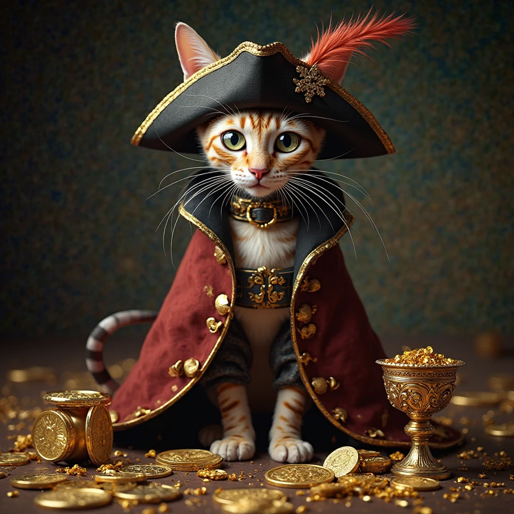 A real striped sphinx cat dressed like a pirate and her treasures