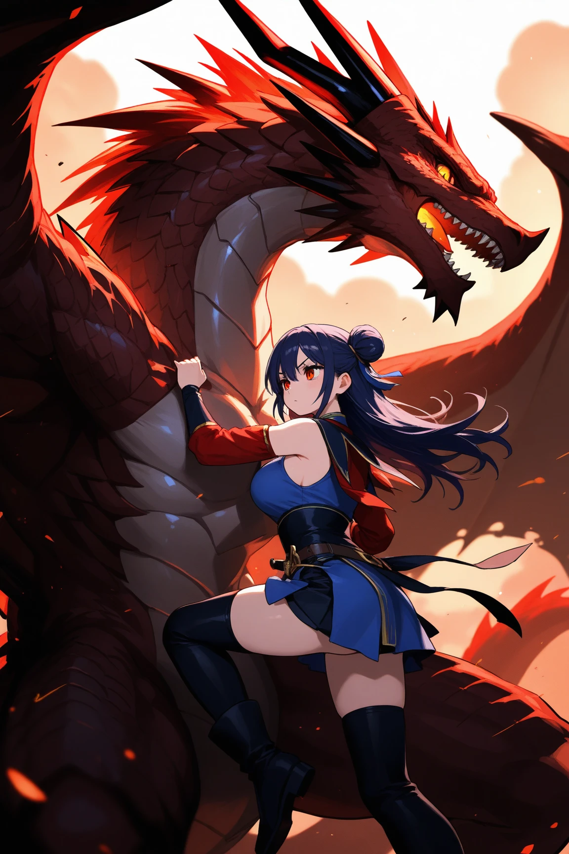 sorceress, belle fille, cheveux long et fin noir et rouge, dragon bleu, lac, baguette magique