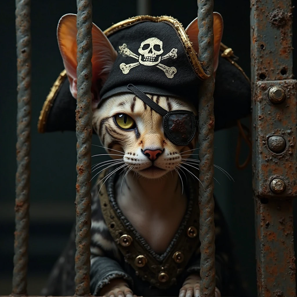 A real striped sphinx cat dressed as a pirate locked in a cage