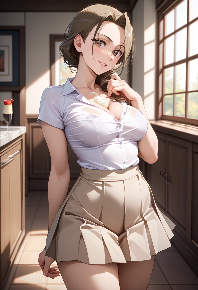 ((1girl, solo)), a 35 year old woman, mature female, beautiful body, (perfect anatomy, perfect body, perfect hands, perfect legs), nice hands, natural proportions, sexy body, ((large breasts)) BREAK
((extremely detailed face)), brown eyes, (beautiful detailed eyes:1.6), (realistic pupils, realistic iris:1), expressive eyes, ((looking at viewer)), (clear eyes:1.3), (hyperrealistic:1.2), (detailed skin texture:1.2), smooth skin, brown hair, long hair, ponytail, (detailed lips:1.2), (attractive lips:1.1), (glossy lips:1.1), smile, parted lips, perfect face, perfect eyes BREAK
pink shirt, collarbone, button gap, (reveling clothes:1.5), (coverd nipples:1.5), short sleeves, shirt tucked in, blue skirt, ((micro mini skirt)), ((thighs)), thigh gap BREAK
(masterpiece:1.5), anime-style, top quality, best quality, (beautiful and aesthetic:1.2), (ultra detail:1.5), Ultra-detailed depiction, Ultra-precise depiction, extremely detailed 8k illustration, high resolution, (highly detailed shading:1.2), (realistic lighting:1.4), perfect lighting, vibrant colors, dynamic tones, striking hues, 8k, absurd resolution, perfect shadows, hdr, UHD, ambient lighting, realistic, ultra-realistic, photo realistic, highly detailed, rich detail, luminous colors, fine texture, intricate design, professional illustration, (soft light:1.2), (illustration:0.7)