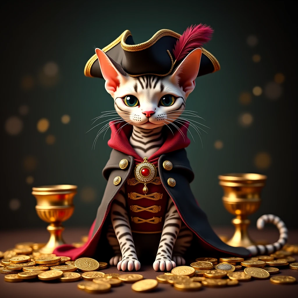 A real striped sphinx cat dressed like a pirate and her treasures