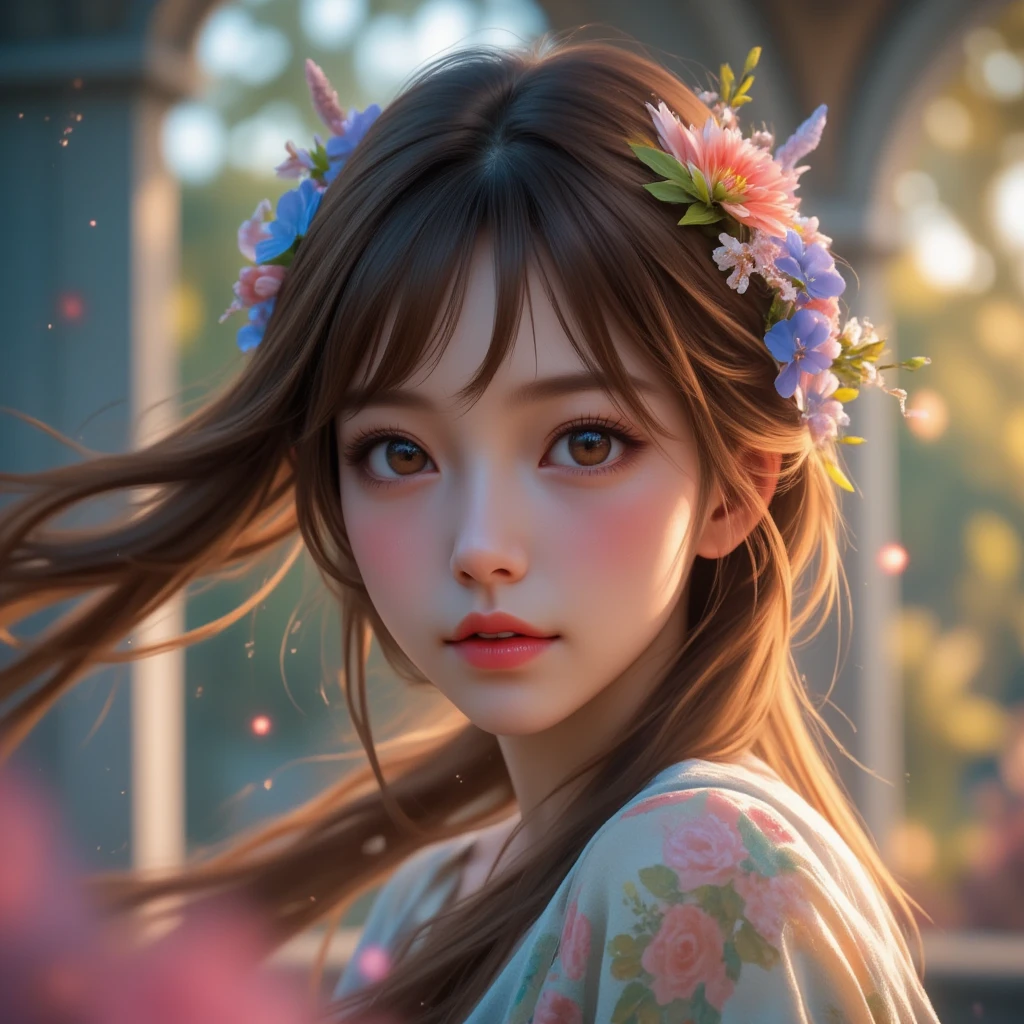 Sweet girl, cute, oval face, young sunshine, dark brown long hair, slightly curly, bright big eyes, delicate nose, pink lips, beautiful and moving smile, blue floral dress, holding lilies , face close to lily, front, half-length portrait, high quality CG, 8K resolution, super clear, clean background