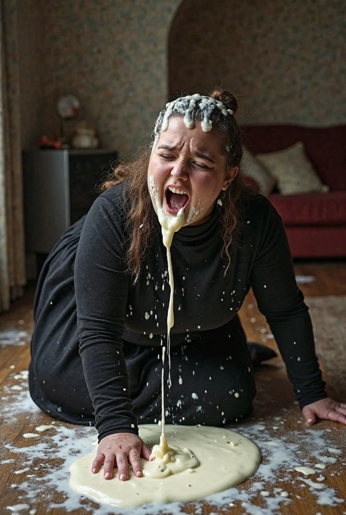 Overweight, chubby, plus size, Kelly Clarkson, long brown hair, wearing ((tight dark jeans)) ((white v neck sweater)) ((black ankle boots)) subject sitting on a stool splattered with whipped cream ((cream coverage:1.3)) ((messy clothes:1.3)) ((stained clothes:1.2)) looking sexy, (full body shot) (masterpiece) ((cinematic look))