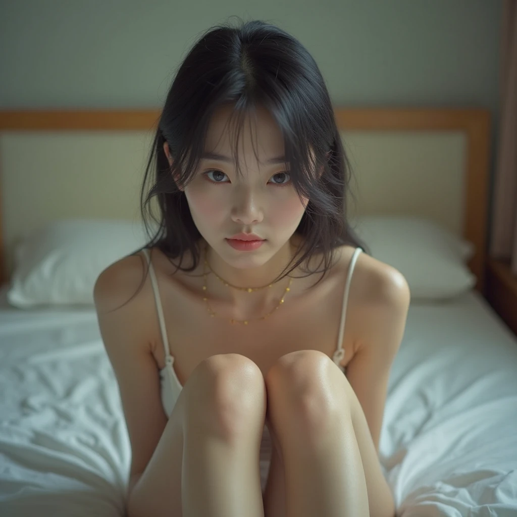 girl、 analog film photo, (Create a realistic and photorealistic photo image)、whole body、White tank top、White panties、Dimly lit place、Red light、Sitting、blur, tint, depth,