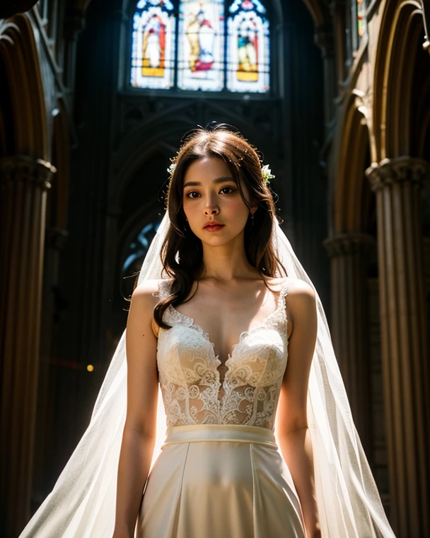 Ashleigh Emmalee, very young, beautiful, 8k, 17 years old, (1girl:1.2), whole body, far angle camera, wear fashionable lace wedding dress: 0.75, different design weeding dress, nude:0.25, , in a church, elegant poses, dynamic shot, masterpiece, best quality, ultra-detailed, ultra realistic:1.5, photorealistic:1.5 , analog style, bokeh, skin pores, (skin texture), (film grain:1.3), (warm hue, warm tone:1.2), cinematic light, sidelighting, ultra high res, best shadow, RAW, upper body, photoshoot by DSLR, Fujifilm XT3, medium full shot