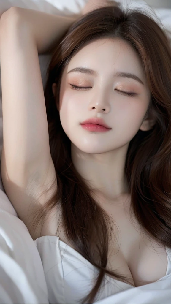 ((((8k))),((Extremely meticulous CG)) ,(wallpaper),16k,((Extremely refined and beautiful)),(((Masterpiece))),(((best qualtiy))),(((Ultra High Resolution))),beautiful light up,Perfect lightning,realistic shaded,((high resolution)),(Smooth and flawless fair skin:1.5),(pale skin:1.3),(Extremely exquisite facial details:1.2),(perfect body:1.1),(ultra-detailed),((A beautiful girl,solo)),(small head:1.2),(short ponytail:1.2),(small face:1.2),(baby face:1.3),(close eyes:1.5),(open mouth:1.5),(female orgasmic:1.5),(blush:1.3),(ahegao:1.3),(sleeping:1.3),(Exquisite makeup:1.2),(clavicle:1.2),(small breasts:1.2),(flat chests:1.2),((slim,thin)),happy,(laughing:1.2),(strapless light beige_pink bra:1.5),(night scene:1.5),(indoor:1.2),(lying flat on back on the green bed:1.5),(close-up of face:1.5),(from above:1.3),(top view:1.3),
