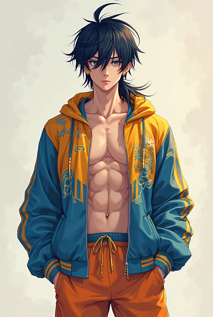 masculine young guy, short beard and ((tanned skin)), night rave scene, short cropped hair, ((has fox ears)), ((has fox tail)), wearing streetwear shorts, wearing streetwear red jacket, ((he is solo)), ((he is alone)), detailed blue eyes, mystic tattoos, muscular thighs
