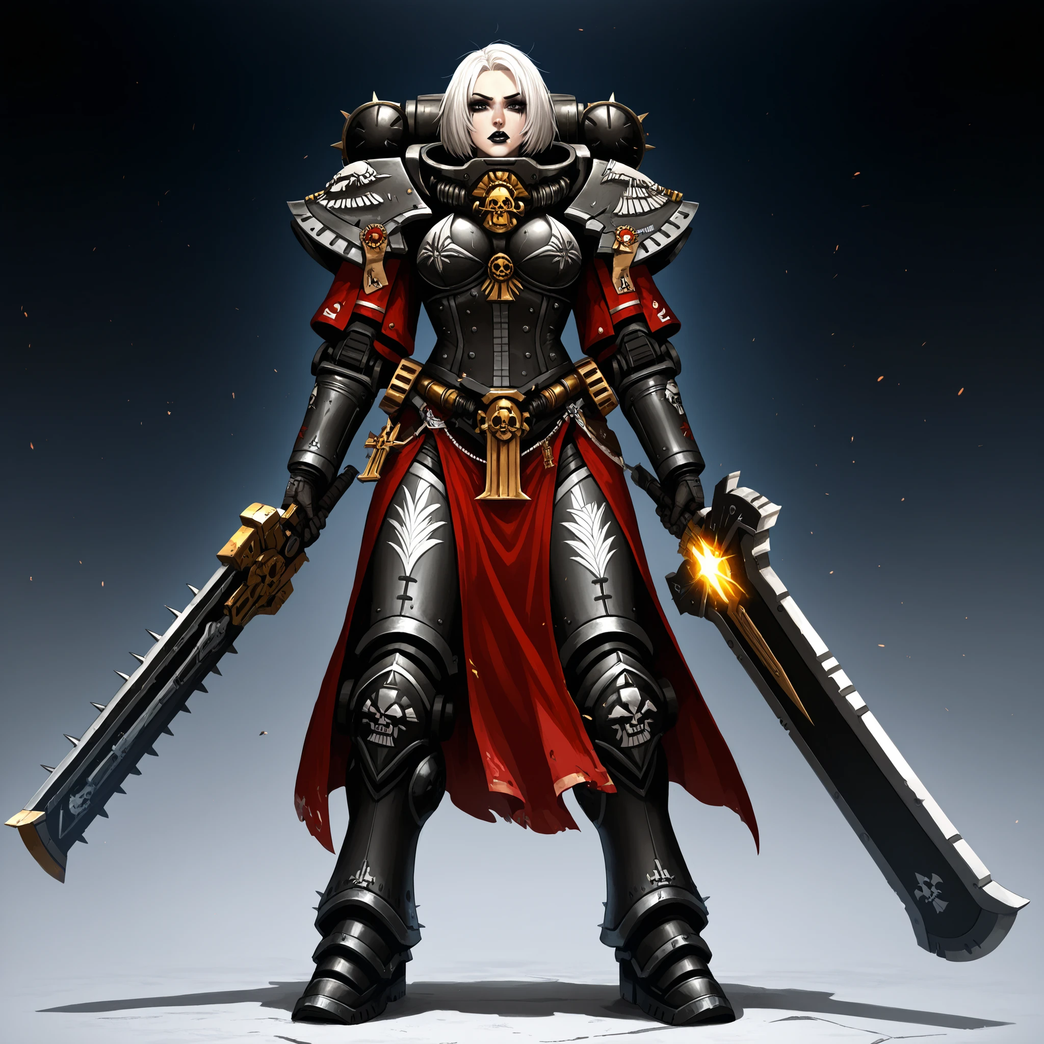 a muscular Adepta Sororitas with white short length messy middle parted hair, black lipstick and black eyeliner, goth look (Spiked hair), full body weilding a glowing power sword warhammer 40k battle pose, has one robotic leg (hair parted in the middle)