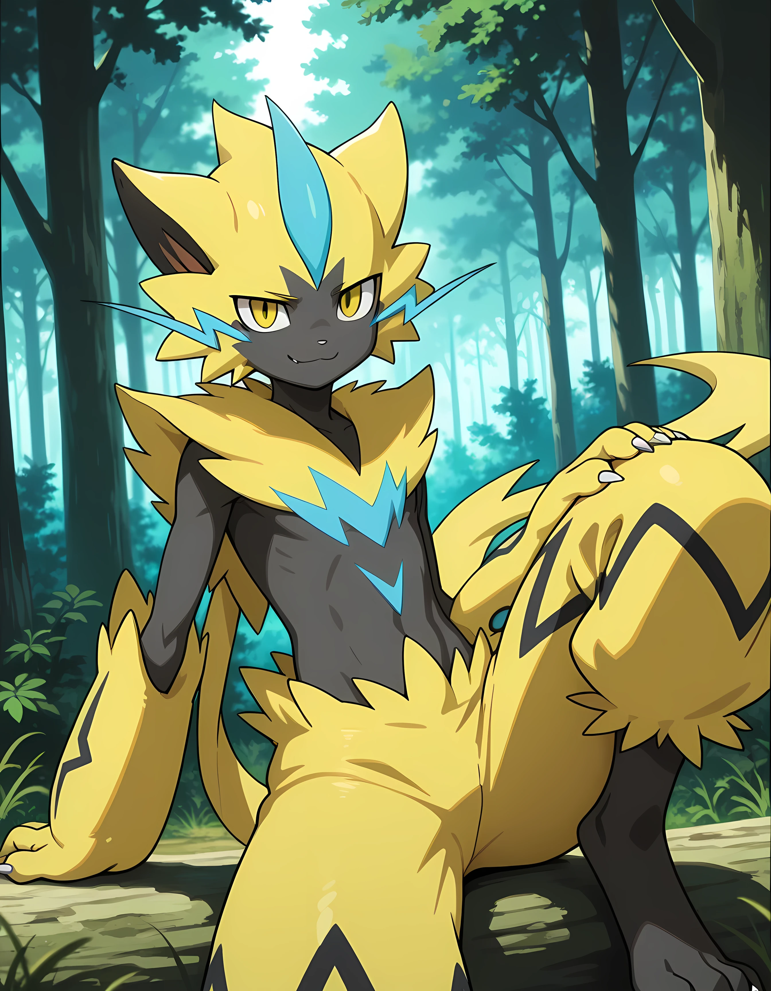 best quality,best resolution, solo, 1boy, zeraora, 13 anos, intense golden eyes, forest, young,looking at viewer, smile