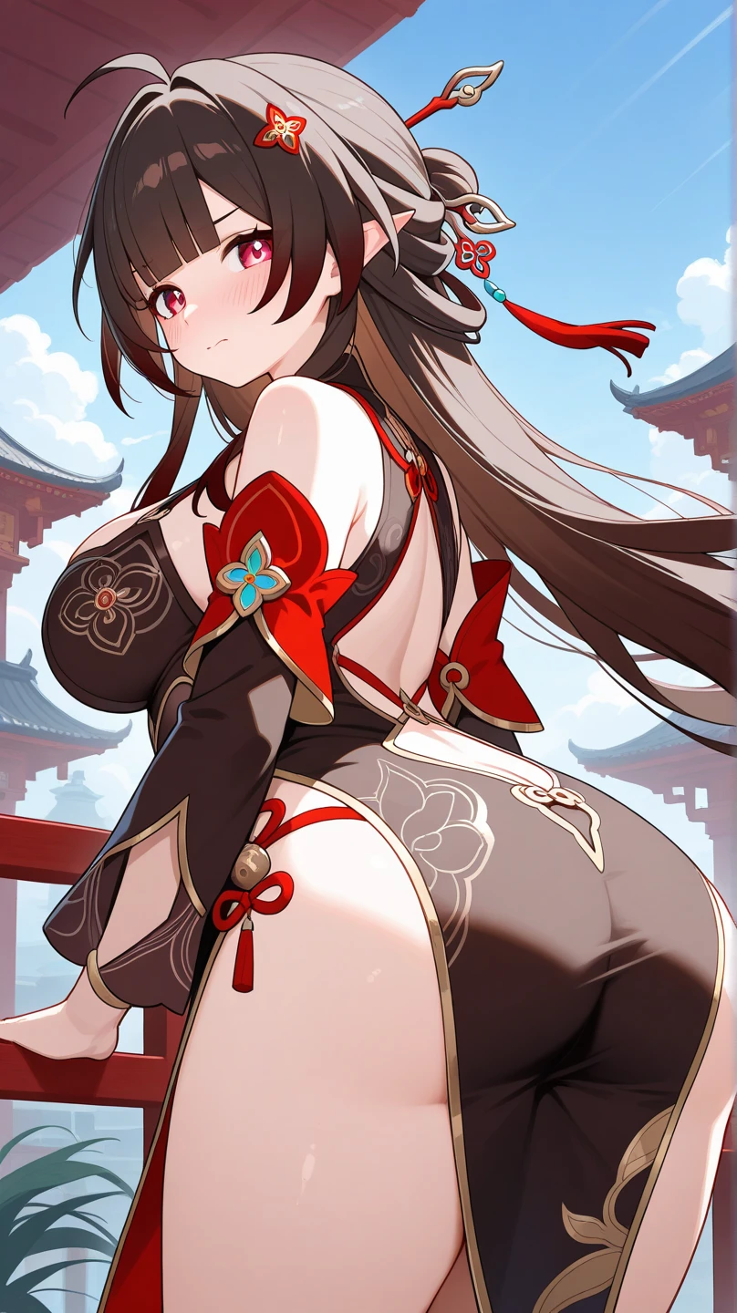 anime artwork, score_9, score_8_up, score_7_up, score_6_up, score_5_up, score_4_up,sparkle \(honkai: star rail\),1girl, twintails, black hair, medium breasts, red eyes, red eyeshadow, fox mask , , , , , she is 24 years old, , ,horny, , , , style_3, ,,, floox style, . Sparkle wears a sleeveless and backless short red kimono. Cherry blossom flowers and a grey trim decorate the kimono along with a black obi belt overlaid. from below, cameltoe, from behind,