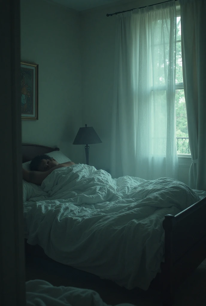 abandoned mansion, man resting sitting on bed