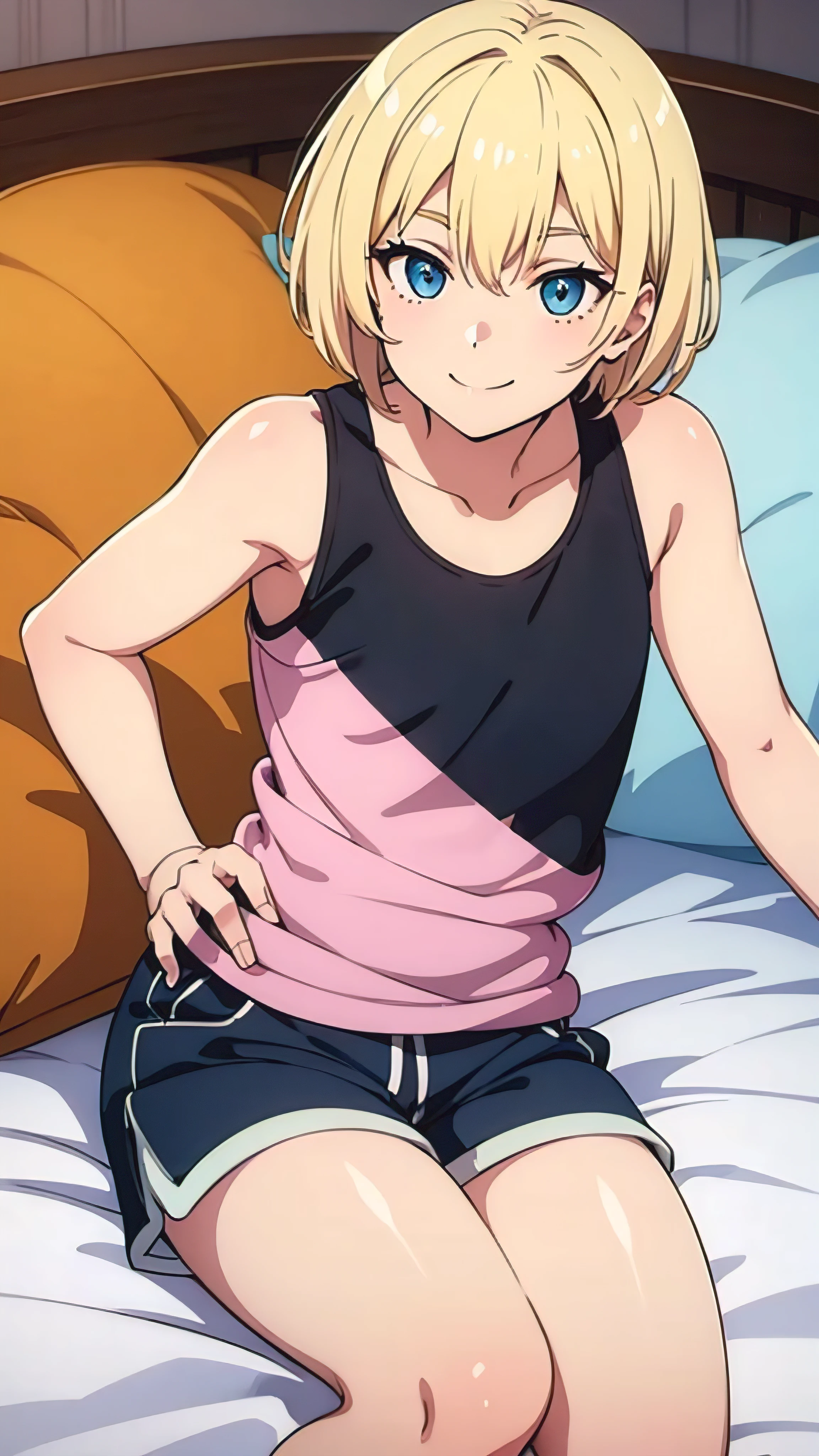 10ma_t, 1 boy blonde hair solo orange eyes, Tsukasa3rd, white shirt, blue apron, embarrassed, in a bedroom