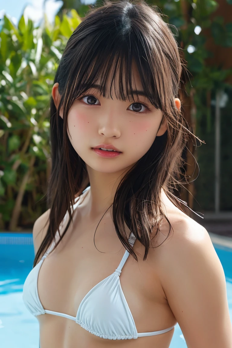 (8K, RAW Photos, Highest quality, masterpiece: 1.4), (Realistic, photoRealistic: 1.4), Super detailed, Ultra-high resolution, One Girl, Beholder, Beautifully detailed face, smile, (Slim waist: 1.0), Beautifully detailed skin, Skin Texture, Floating Hair, Professional Lighting, Middle Chest, Kind eyes,(small breasts:1.6), (beautiful wet nipples:1.6),(undressing:1.9), (:1.0), (law panty:1.5), (sleeveless wet blouse:1.0),(Feather Cut:1.0), (petite:1.0),(upper body:1.0)