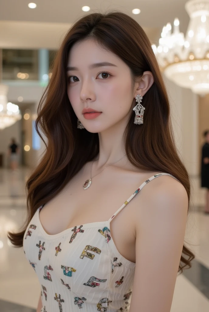 Wearing a white dress that reveals her shoulders