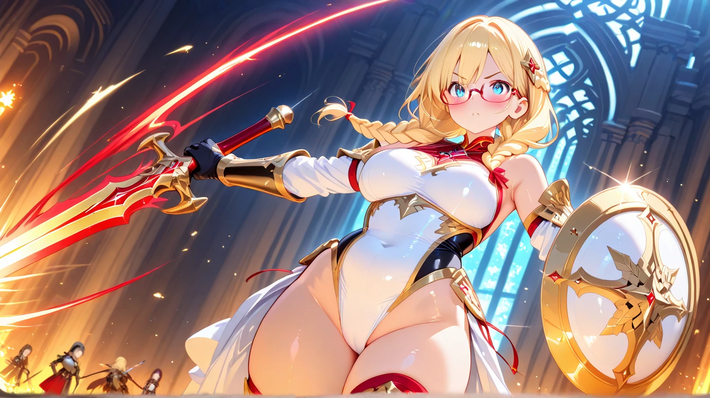 Rear view、red cloak、tattoo、red eyes、(((Touch genitals and spread gangbang)))、female organ、(((pubic hair)))、naked、Beautiful Girl Magician、blonde twintails、((whole body))、(((photo taken from below)))、darkness