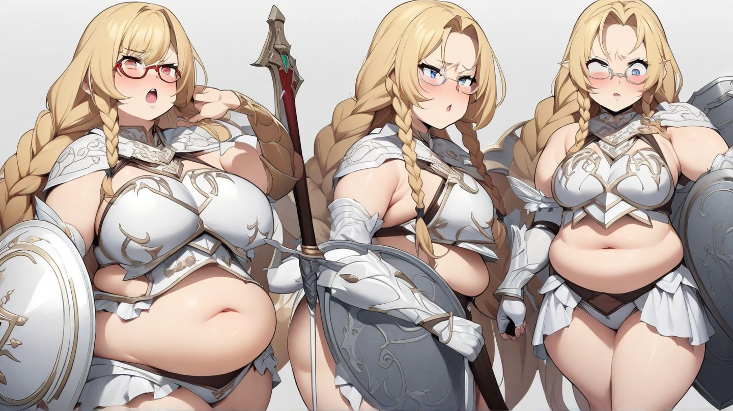 masterpiece, best quality, solo, milf, high fantasy outfits, ((white background)), full body, multiple views, thong, cleavage, holding blade,