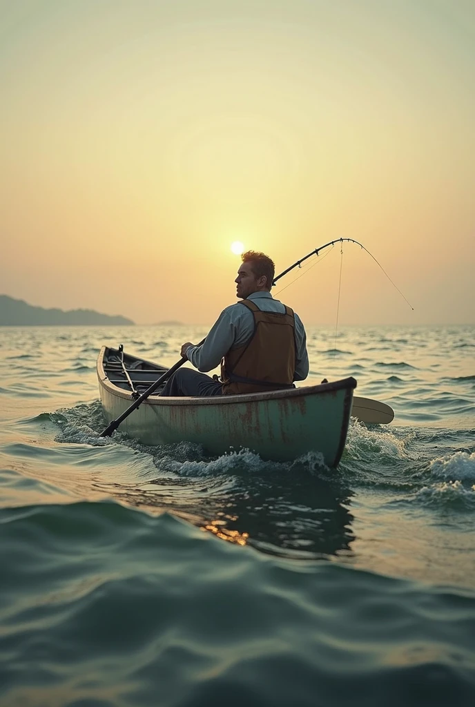 A fisherman in the middle of the sea, with the sun shining brightly, The fisherman is in his wooden boat and is rowing.