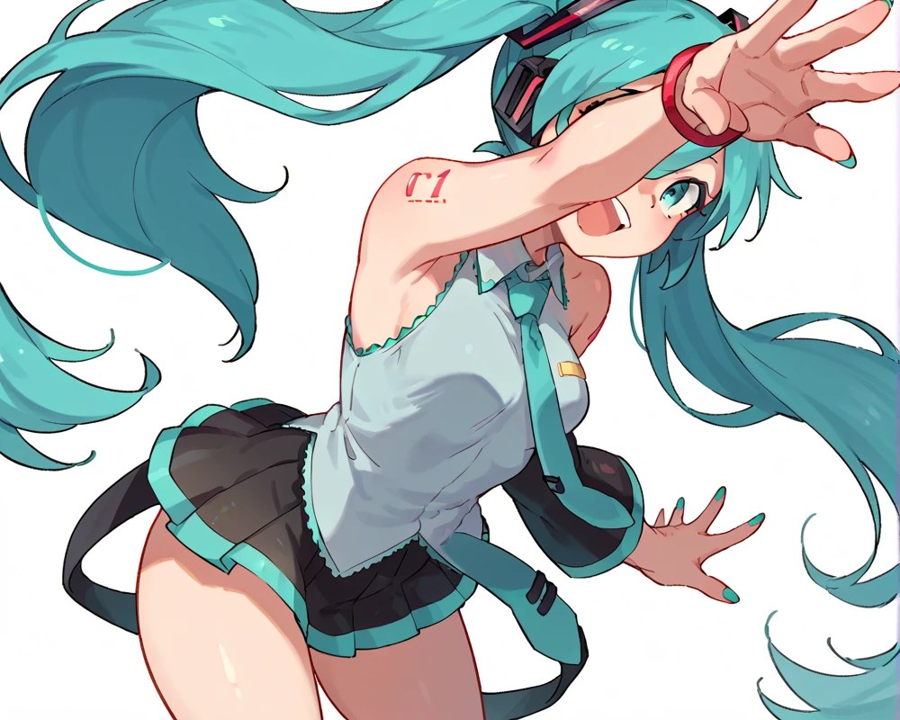 masterpiece, best quality, hatsune miku, knee socks, nipples, shorts, cute, big butt, doggystyle pose, pink background, sexy, hands on chest