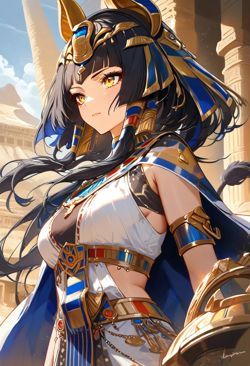 1female, high detail, Egyptian clothing, Egyptian jewelry , Egyptian temple , lion tail, black hair, yellow eyes,