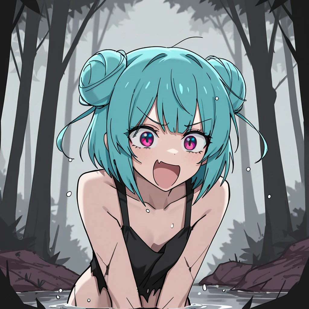 Tsuyu asui, frog girl, green hair, florest background, tress and rocks, waterfall, she is squatting, medium breasts, no clothes, nsfw, green pubic hair, wet body, tongue out, frog tongue, large tongue, (best quality,4k,highres,masterpiece), artistic style,subdued colors, vivid colors, professional lighting, detailed lips, detailed eyes.
