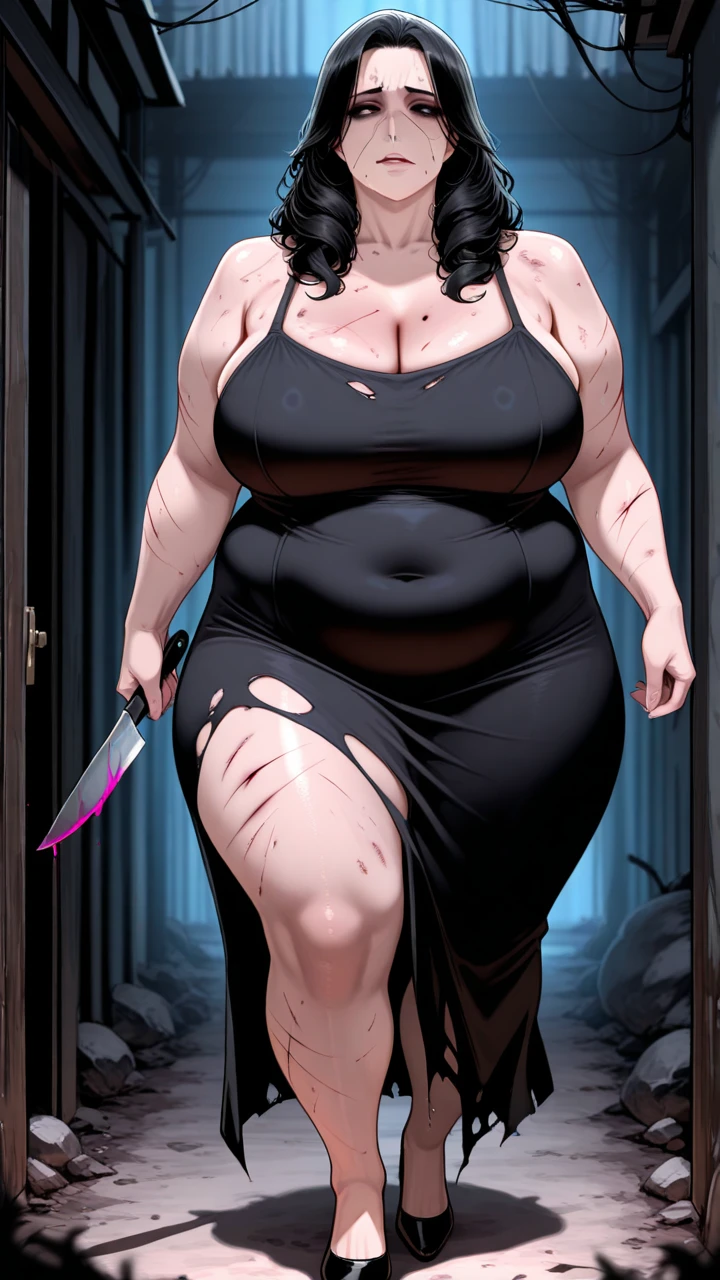 1girl, human transforming, fat belly, wide hips, sharp_teeth, bifurcated jaw, blood from mouth, long tongue, sharp claws, arthropod limbs, exposed bone, tentacles, blood stain, deformed, creature, monster, body horror, tearing through clothing, solo, horror \(theme\), outdoors, night, snowing, snowfield, winter, The Thing,