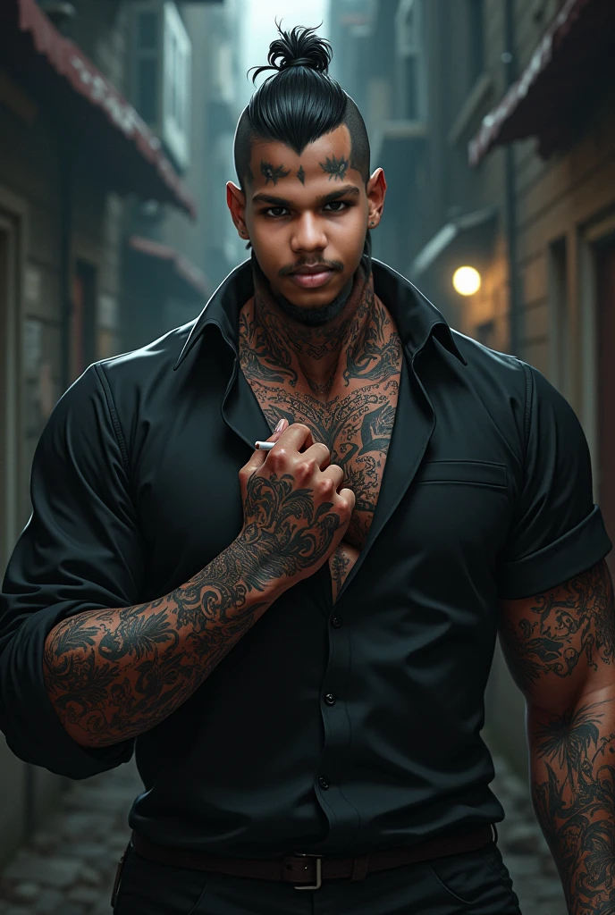 35 year old black man, com olhos castanhos, short hair almost shaved, strong and defined jaw. Muscular and tattooed body. Michael B inspired look. Jordan and Justin Bieber's style. Carrying a weapon