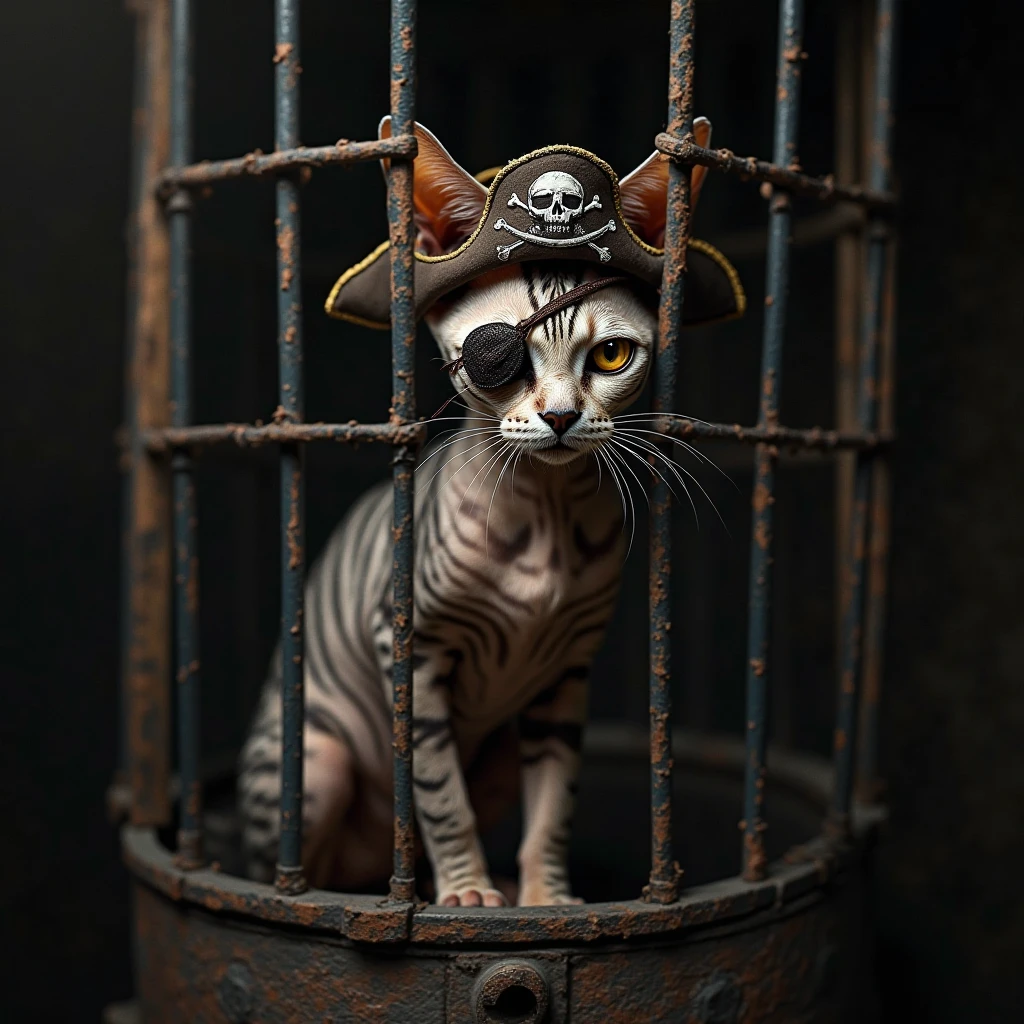 A real striped sphinx cat dressed as a pirate locked in a cage