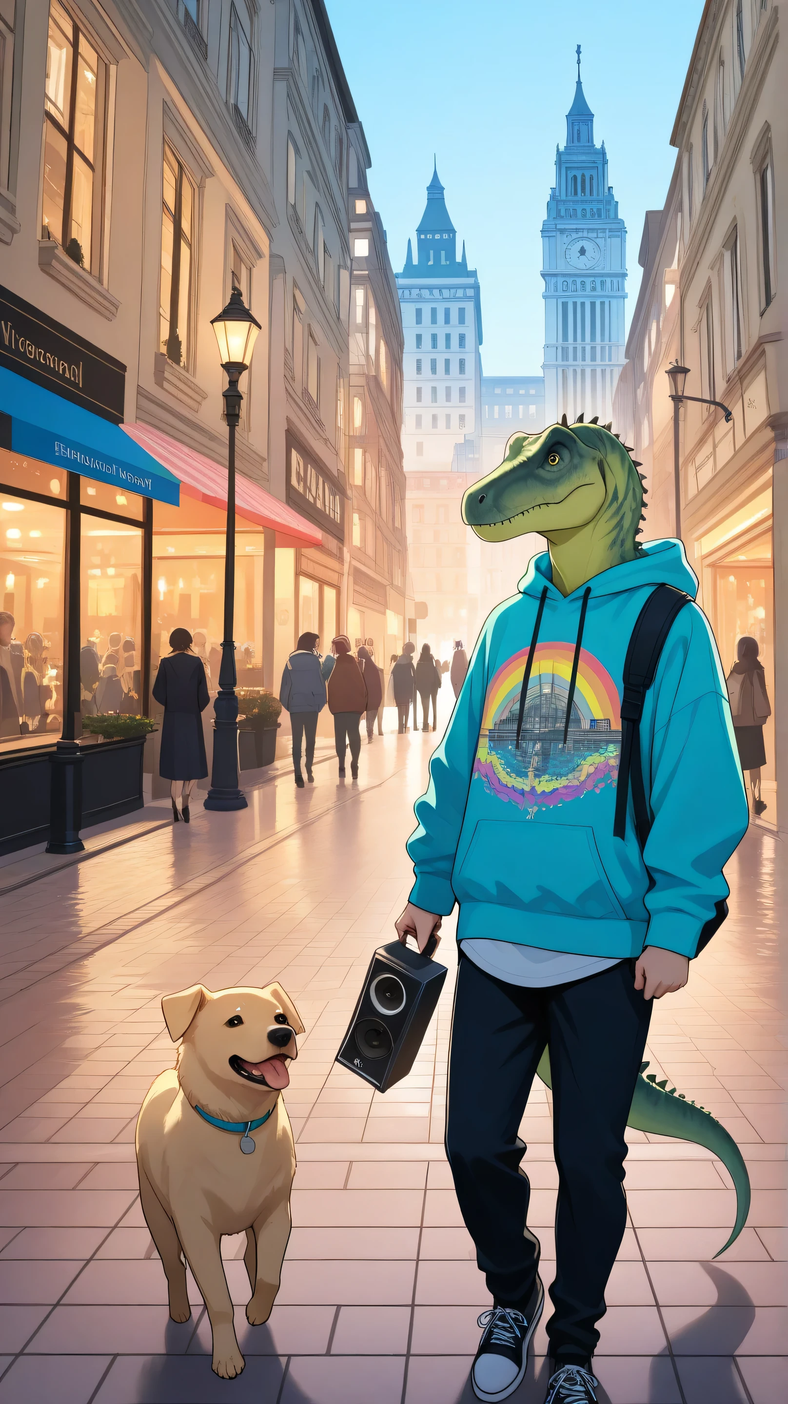 A half-human, half-dinosaur with a dinosaur head and human body, wearing a stylish colorful hoodie and street fashion, walking through a fashionable European city, holding a speaker in his hand, with two strong dogs on either side.