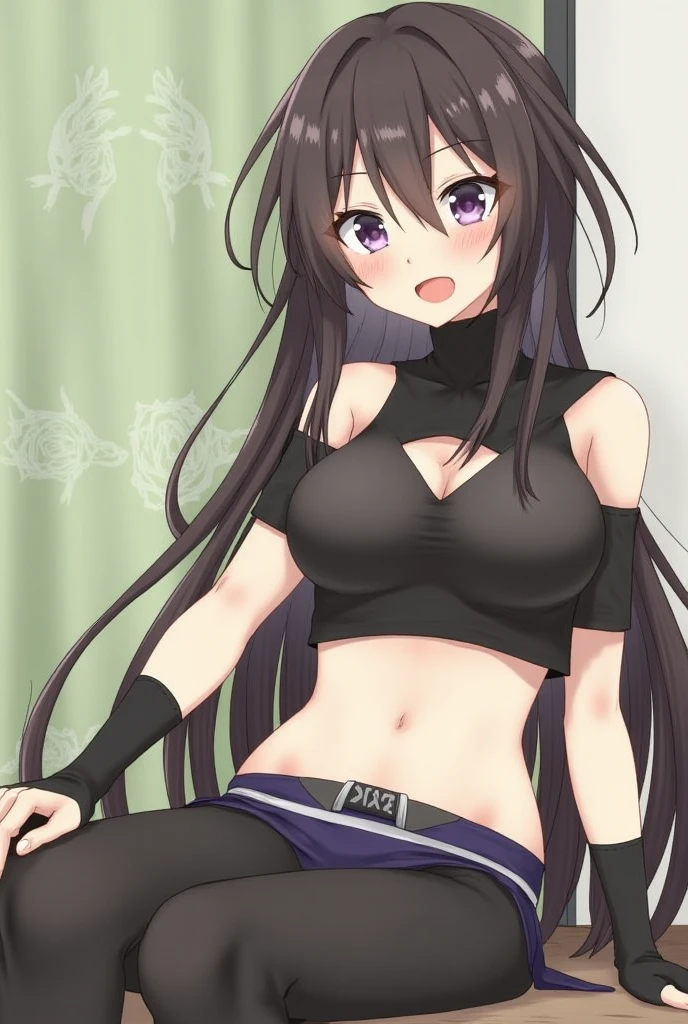 masterpiece, best quality, ultra-detailed, kawaii, cute, lovely, sexy, extremely detailed, 4K, 8K, best quality, beautiful, anime style, evening, a cute girl, 1girl, solo, beautiful eyes, large breast, smugness, blush,corruption,Mayumi Saegusa,(clothed),(leather jacket,naughty expression,denim shorts),groin,(tight suit,Fishnet tights,high heels),m legs