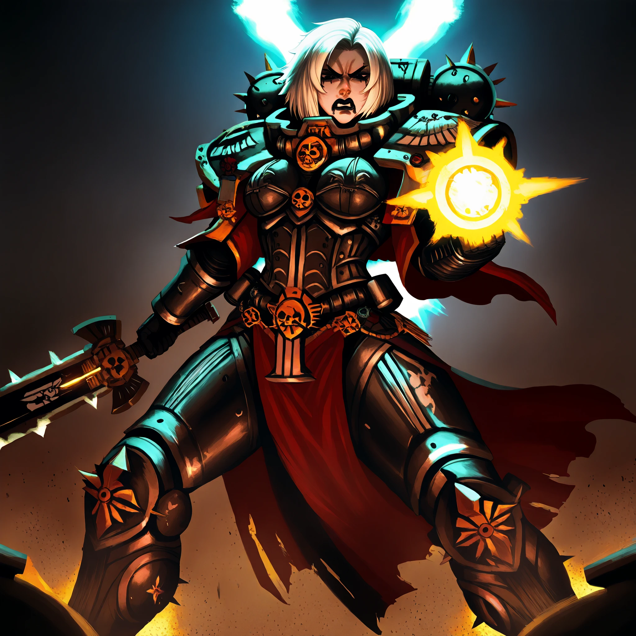a solo alonemuscular Adepta Sororitas with white short length messy middle parted hair, black lipstick and black eyeliner, goth look (Spiked hair), wielding a glowing power sword Warhammer 40k battle pose, has one robotic leg (hair parted in the middle) angry battle pose, swinging sword, in the middle of battle, surrounded by xenos