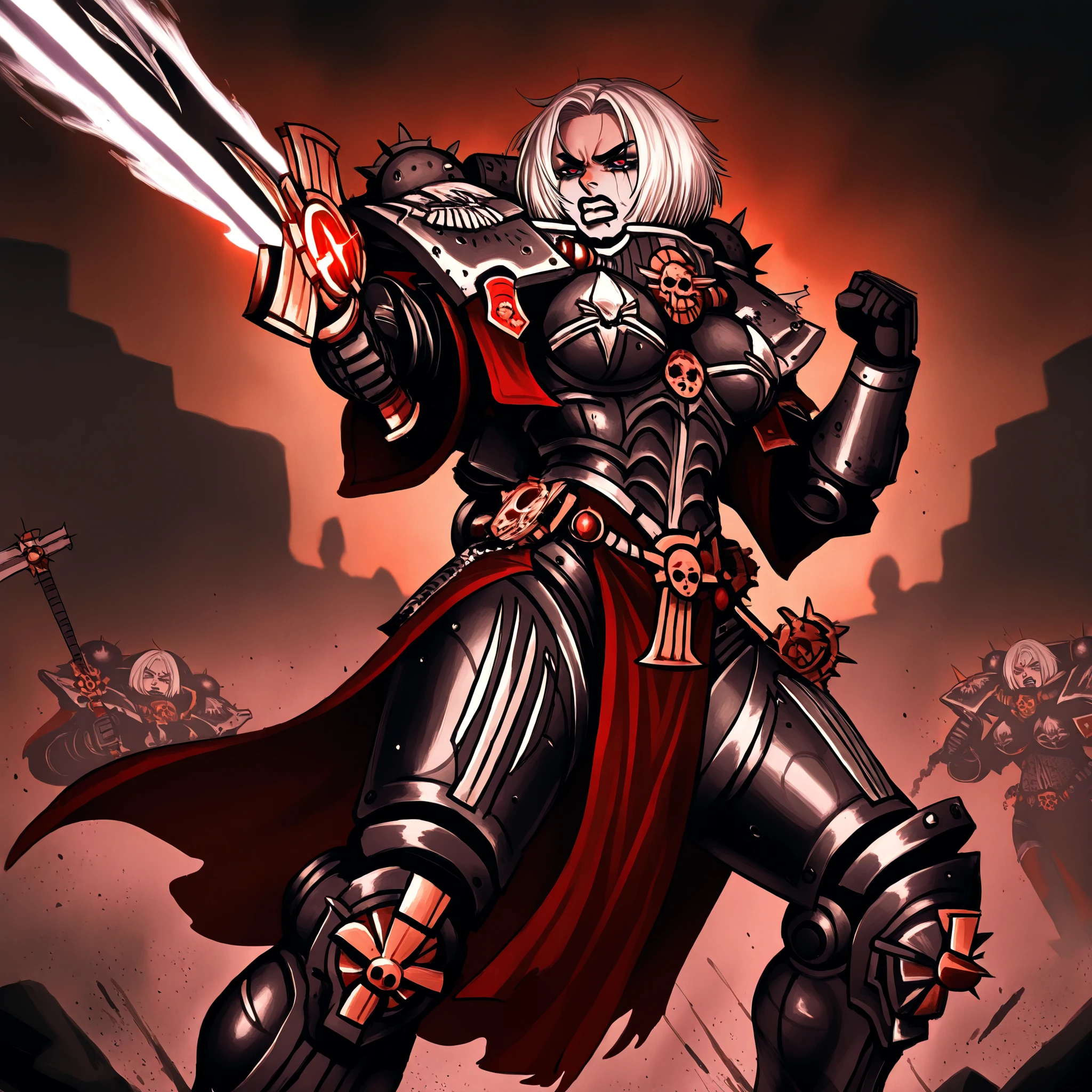 a solo alonemuscular Adepta Sororitas with white short length messy middle parted hair, black lipstick and black eyeliner, goth look (Spiked hair), wielding a glowing power sword Warhammer 40k battle pose, has one robotic leg (hair parted in the middle) angry battle pose, swinging sword, in the middle of battle, surrounded by xenos