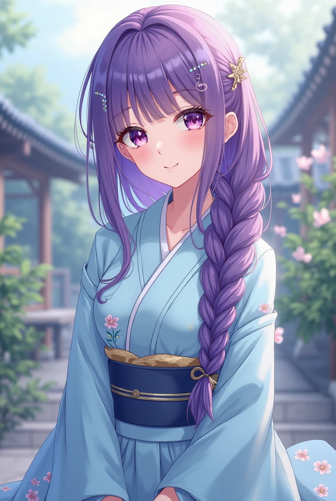 highest quality、Realistic、girl、Japanese、zoom、cute、Gray Eyes、Chestnut Hair、Long Ponytail、Purple kimono、Japanese clothing、naked、Face close-up、smile、thin、Small breasts、freckles