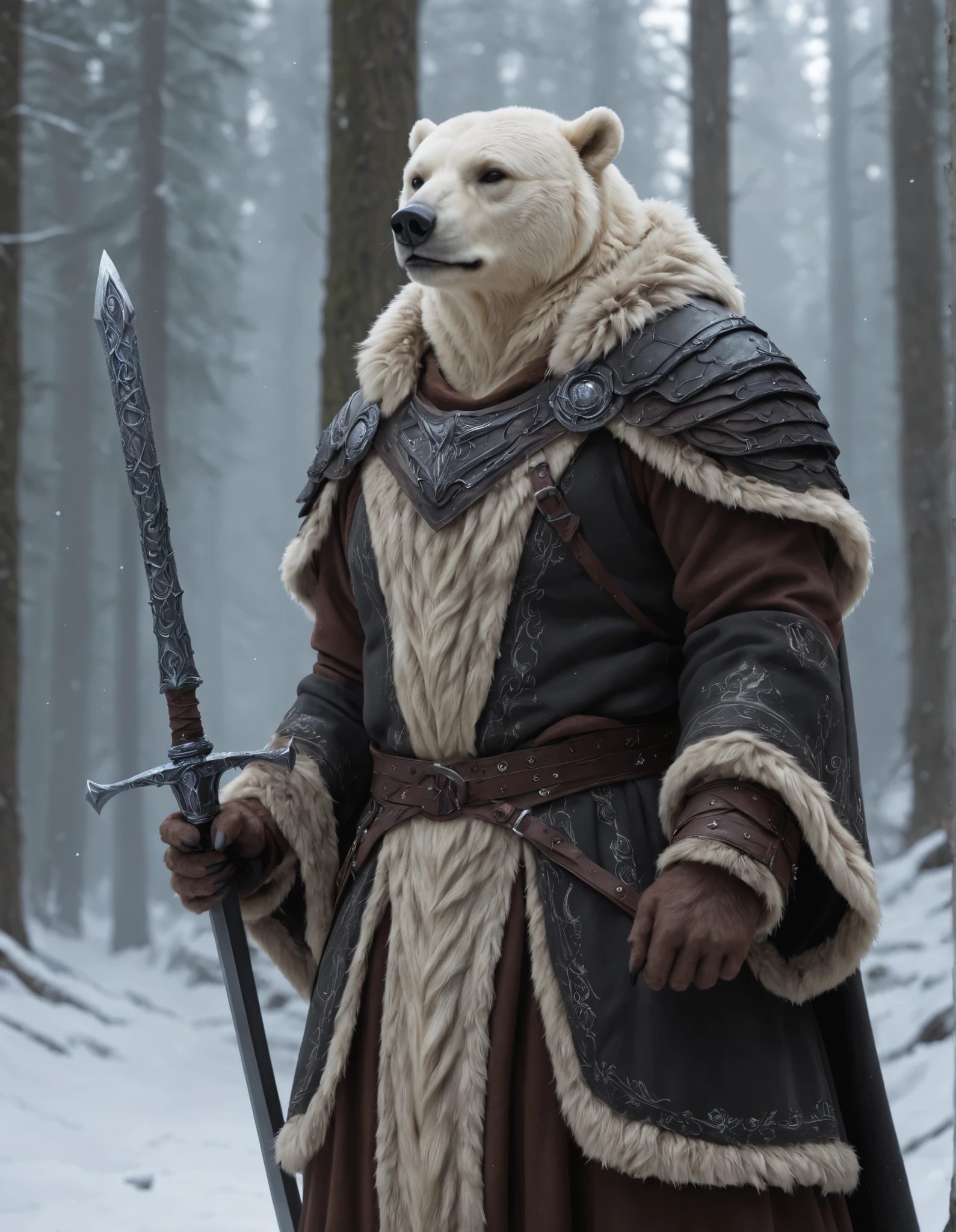 4K.HD、high resolution、A spectacular photograph of a polar bear wearing a Scandinavian warrior costume、Dark fantasy style details that shine like、sword、dark fantasy style detail that shines like air、全身high resolution, masterpiece, accurate, is anatomically correct, top quality,