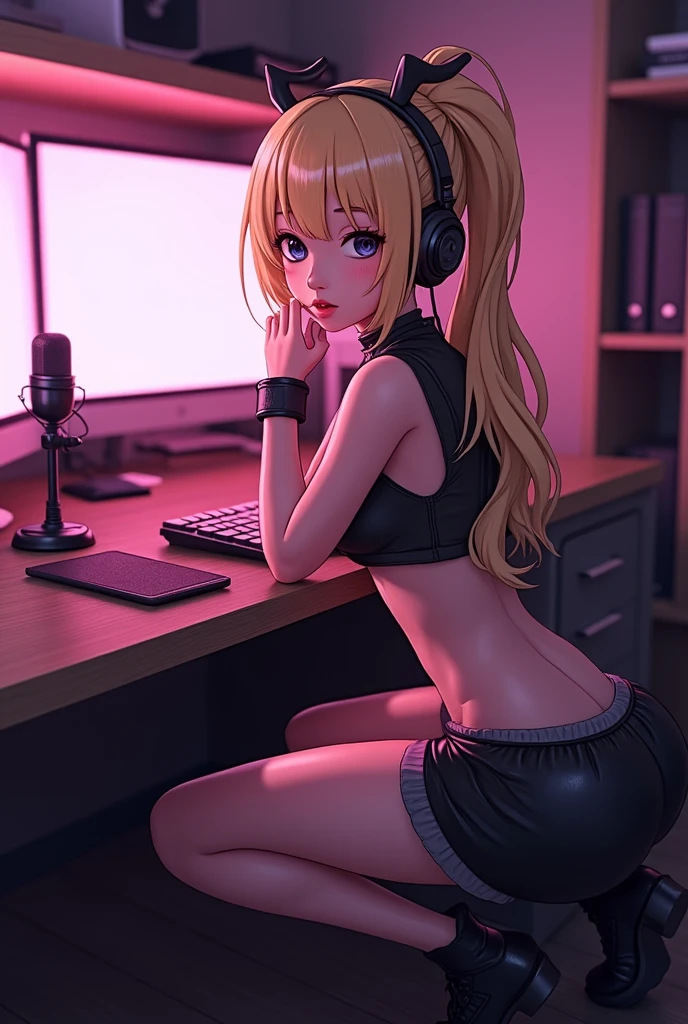 (masterpiece:1.2),(best quality:1.2), intricate details, ai-generated, anime, 1girl, ((dark skinned female)), hearts, (Hd quality)++, (highres)+, ((very dark skinned 20 year old female))+++, ((dark skinned female))+++,(big breasts), (hour glass figure)+++, thick thighs, ((silver hair))+++, (mint green streaks)+++, (ponytail)++, pink accessories, ((purple eyes))+++, long eyelashes, eyeliner, (glossy and full lips)++, choker, (hoop earrings)+, ((pink gaming headset)), ((mint green sweater dress)), white socks, smooth skin, gaming, gamer girl, gamer girlfriend, (decora hair accessories), ((gaming pc)), ((gaming monitor)), yume kawaii, pastel colors, pastel bedroom, sitting, bed, mint green background, bunny ears, (bunny girl), bunny tail, ass focus, panties, (smug)++, from behind