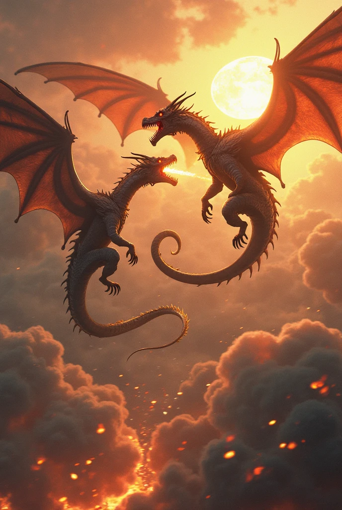Two dragons facing each other in the light of the full moon in a desolate night wasteland, in a spectacular clash of powers launched from their mouths 