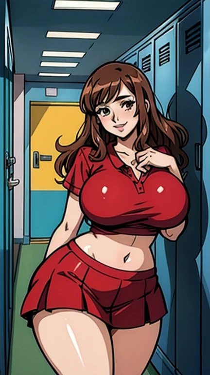 (best quality,4k,highres,masterpiece:1.2),ultra-detailed,(realistic,photorealistic:1.37),woman brunette,red hair and pigtails,blue shirt,pink school miniskirt,sucking a lollipop,well-endowed,well-proportioned legs,incredibly attractive,busty,big ass