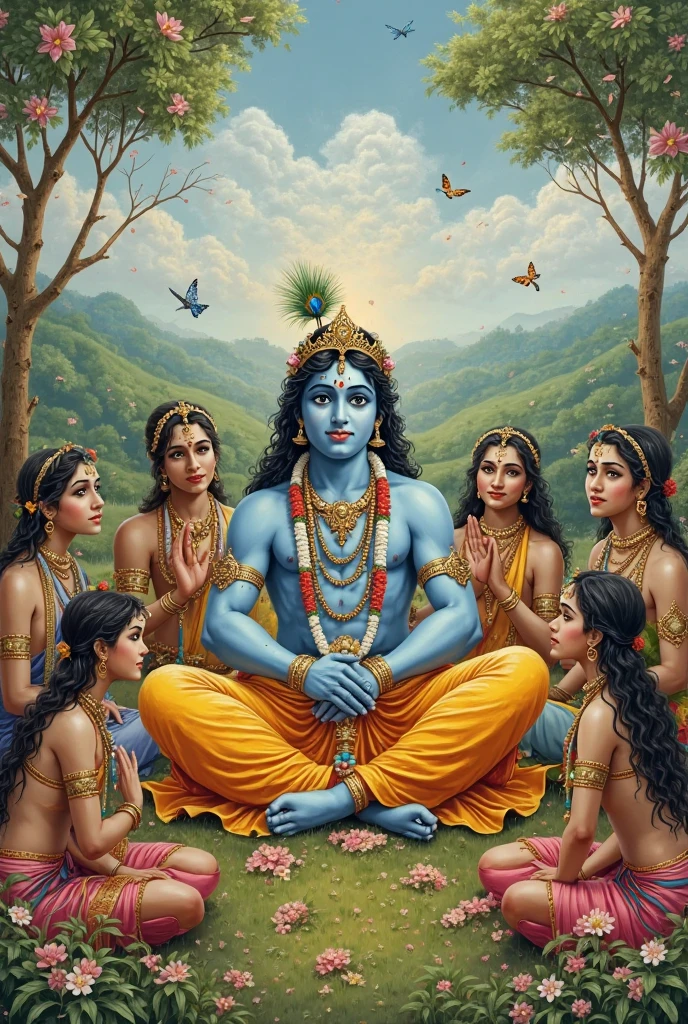 A god krishna eating a curd with their friends