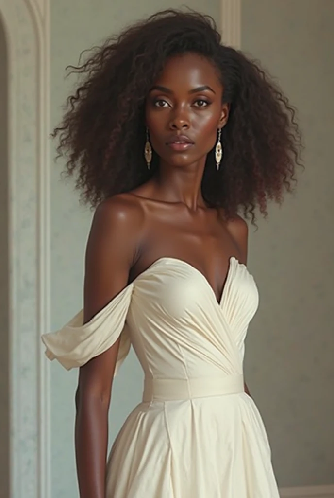 With a shocked and crushed face generate an image of a curvy skinny black bride in a nice interior