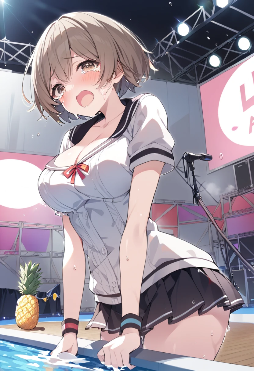 kudokanae, green eyes, short hair, ribbon,, large breasts, live stage, solo,nsfw naked