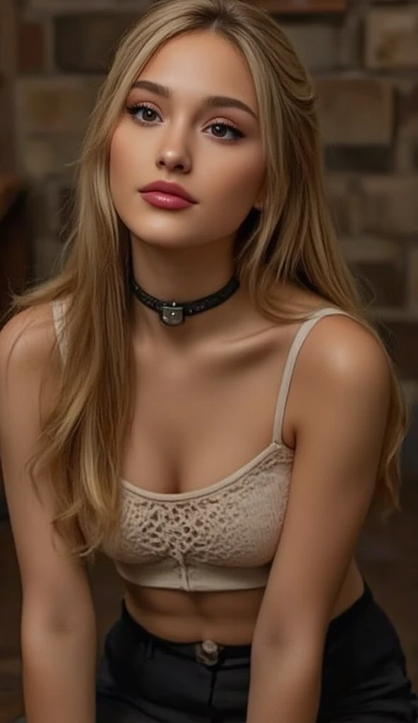 Close up shot , looking at viewer, Naked, Russian girl, 18 age old, (Blond hair, middle hair , wince, Gray eyes, beautiful lip, serious), gold crescent earrings, gold neckless, (big breasts, slender whist, wide hip, real public hair, corrected pussy and anal) ,Black lace micro Bra, Black lace T-back Hi-leg pantie, textured skin , HI detailed skin, (foreshortening, Canon, UHD, anatomically correct, super detail, high details, highness,