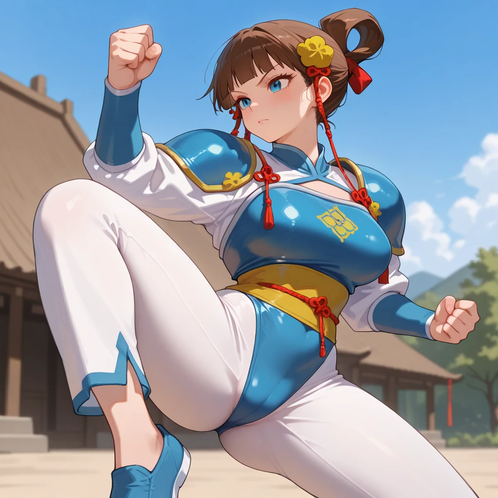 (best quality:1.2),(Big Tits).(Muscular),(Thick thighs),(High Kick),(One leg up),whole body,Chinese clothing,Grit your teeth,Black Hair,Chun-Li,Bun Head