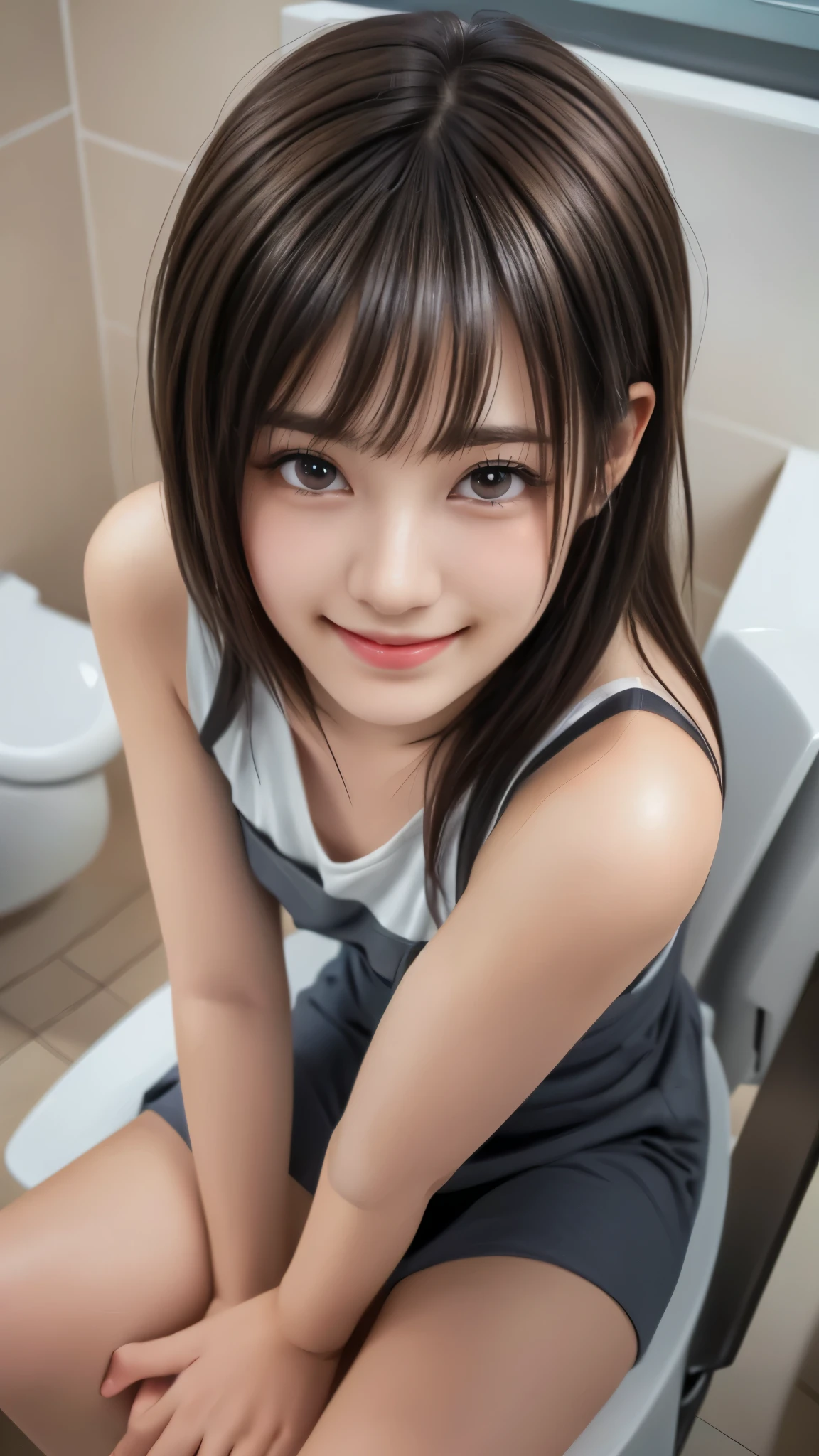 (8K RAWフォト, top quality, masterpiece, 8K-UHD), (realistic, photorealistic: 1.37), (anatomically accurate and realistic skin), super high definition, depth of field, Film Lighting, film grain, very cute girl raising her arms, Japanese, Tip, red eyes sitting on toilet seat, long eyelashes, dark circles under eyes, (Mischievous Smile), Highly detailed eyes and hair, で透明な白い , happy smile, brown hair, Thick bangs, shiny hair often, curly, Urban, cityscape, (beautiful small face:1.2、Beautiful nose、Attractive Lips)、(detailed hands:1.3, perfect right hand:1.3)