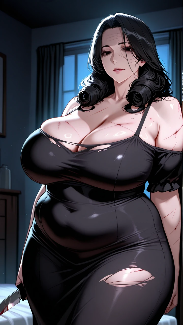 (Very sensual, Big Ass, Thick legs, Very realistic, Very sexy, 8K, Extremely detailed 8K), (Very delicate and beautiful), (masterpiece), (Better Quality: 1.0), (Ultra-high resolution:1.0),(masterpiece, Highest quality), One person,40 years old,cute,blush,orgasm,Pouting mouth,short ponytail、black hair、virgin killer sweater, (sweater dress:1.2), ribbed sweater,sideboob,cleavage cutout, turtleneck sweater,(broen sweater:1.3),(crop top navel:1),sleeveless,full body,from front,huge breasts,leaning forward,breast hold